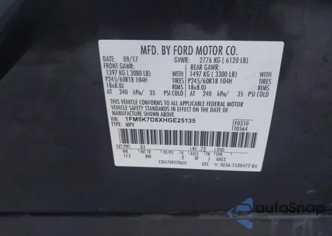 2017 Ford Explorer Xlt из США, поврежденный, VIN 1FM5K7D8XHGE25135